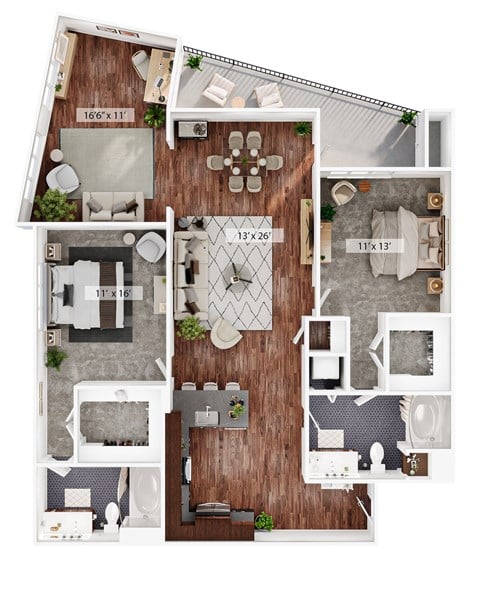 Floor plan for 2 beds, 2 baths, 1529 sqft